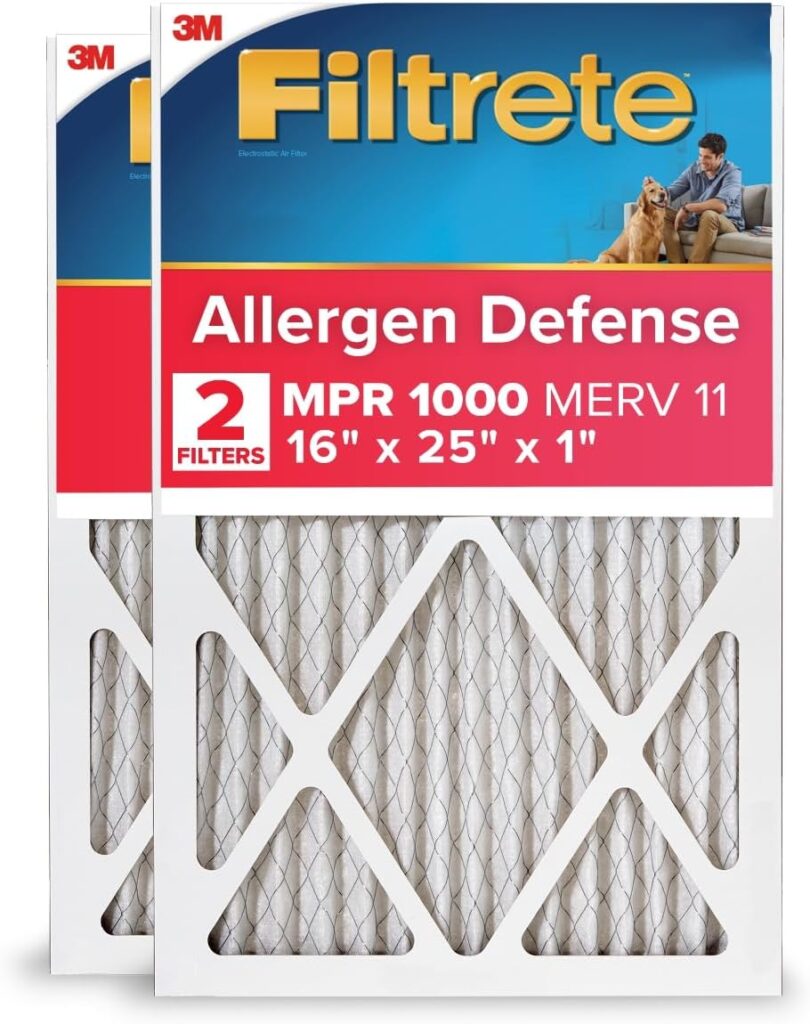 Filtrete 16x25x1 AC Furnace Air Filter, MERV 11, MPR 1000, Micro Allergen Defense, 3-Month Pleated 1-Inch Electrostatic Air Cleaning Filter, 2 Pack (Actual Size 15.719 x 24.72 x 0.84 in)