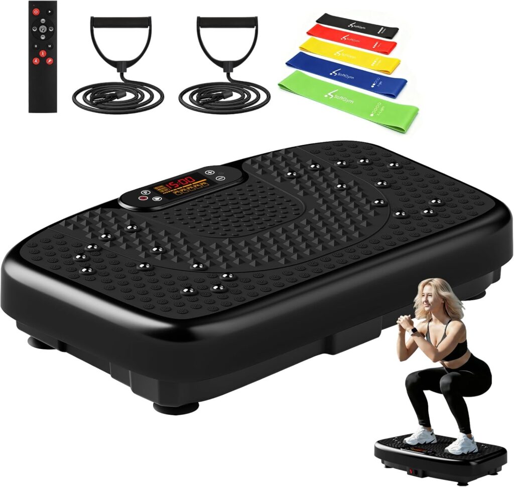 SoftGym Vibration Plate Exercise Machine for Lymphatic Drainage,Power Vibrate Stand Shake Board 450 Lbs Capacity Whole Body Workout Waver with Fitness Resistance Bands Weight Loss Gifts for Women Men